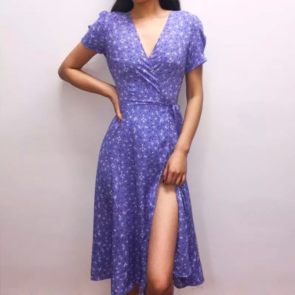 Purple Floral Print Midi Wrap Dress Sweet Grace Realisation Peiran